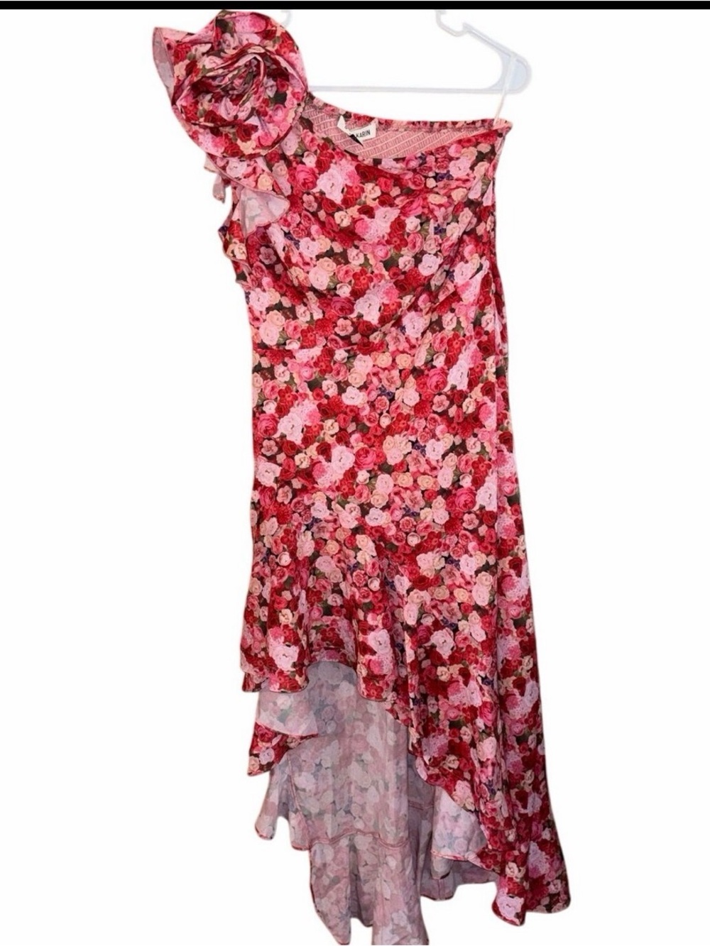 Floral One-Shoulder Red Dress